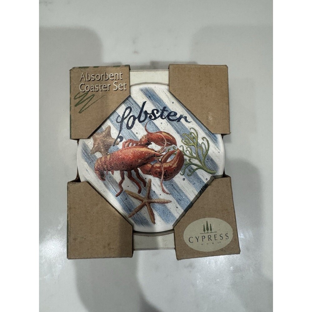 NWT Cypress Home  Lobsters  Cork  Stone Coasters Caddy SET